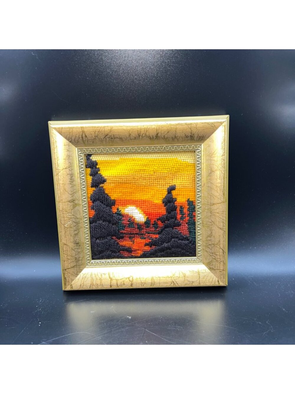 Vintage Framed Sunset Crewel Art Gold Ornate Frame 7x7 Inches Boho Orange Black